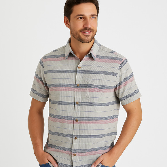 Carbon2Cobalt Shirt Mens Large Multicolor Casual Striped Short‎ Sleeve Cotton - Picture 1 of 12